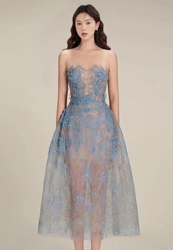 Lace Dress with Elegance Three Dimensional Flower Sequins CA4021912BL