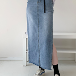 2025 New French Retro High Waist Side Slit Denim Skirt CA25022419BL