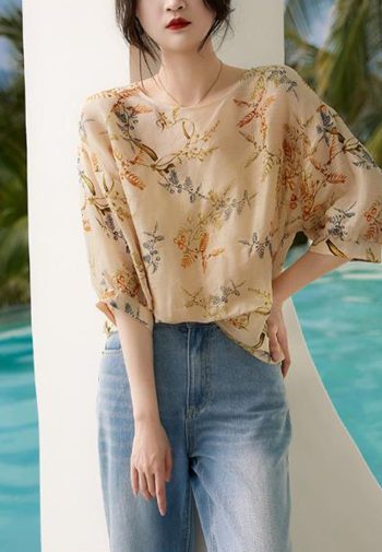 Exquisite Printed Linen Silk Bubble Sleeve Top CA090820