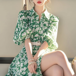 Elegant green floral long sleeved shirt dress CA25031919GR