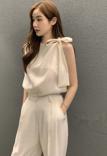 New summer French bow tie sleeveless shirt CA25042928W